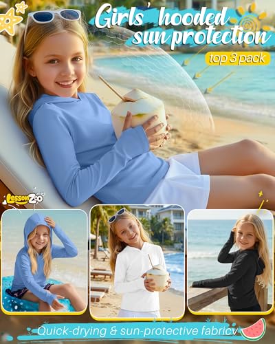 Image of 3 Pack Girls Sun Protection Swim Shirts UPF 50+ Long Sleeve Rash Guard Lightweight Quick Dry Hoodies with Thumbhole