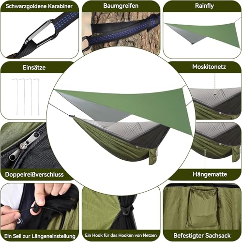 OTraki Hängematte Outdoor mit Tarp Moskitonetz, 290 x 140cm Ultraleicht Reise Camping Hammock Hängematten 200kg Last Kapazität für Wandern, Reisen, Garten, Terrasse