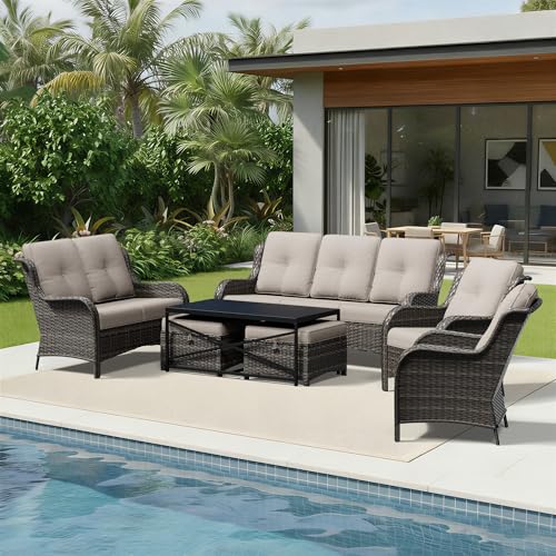 Image of Joyside 7 Piece Wicker Patio Furniture Set, Rattan Patio Chairs with High Back, Deep Seating, Wide Armrest, Thickened Cushions, Outdoor Furniture for Deck, Porch Use