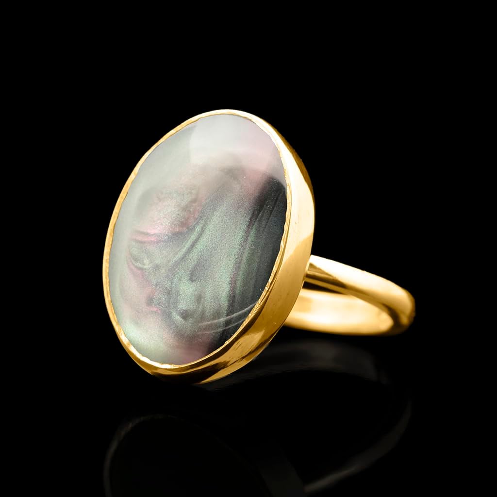 Natural Gray Striped Agate Crystal Ring 24K Gold Vermeil 925 Sterling Silver Oval Solitaire Gemstone Dainty Gemini Perception Statement Ring Handmade Turkish Fine Jewelry