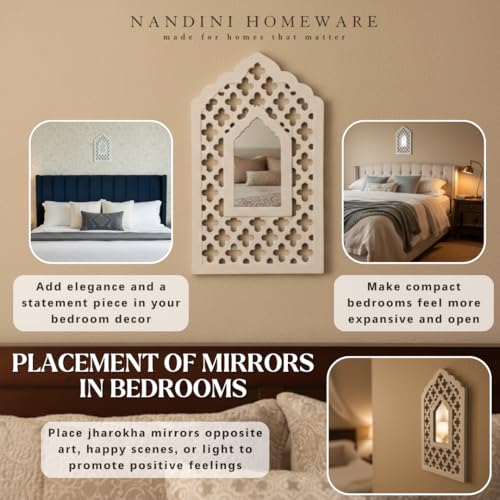 Image of Handcrafted Traditional White Mughal MDF Wooden Mirror Jharokha Wall Art | Mughal-Inspired Boho Style Decorative Wall Hanging (White Mughal)