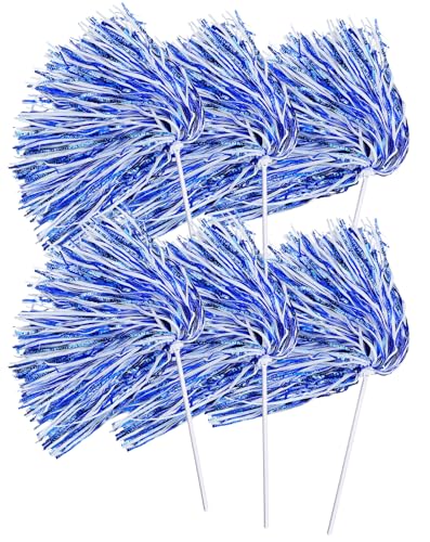 PAMASE 12Pcs Premium No-Shed Pom Poms Cheerleading - Blue White Cheer Pom Poms with Long Baton Handle for Team Spirit, Football Basketball Games, Fan Celebration, Dance, Homecoming