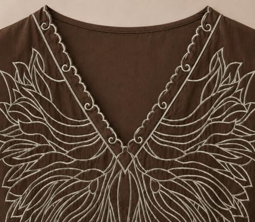 Image of RIEKA Women's Embroidered Top for Women, Maroon V Neck Rayon, 3 /4 Sleeve Casual Loose Fit Tunic, Boho Blouse for Women, Korean Style