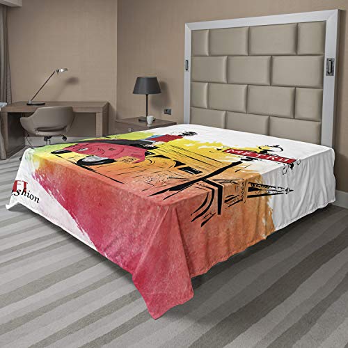 Ambesonne Retro Flat Sheet, Woman on a Pink Motorcycle Trend