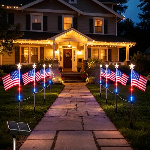 8-Pack Solar American Flag Pathway Lights 4th of July Outdoor Decor Lights for the 250th Anniversary of Independence Memorial Day and Garden Yard Decor (Waterproof LED with 8 Modes)