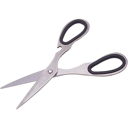 Amazon Co Jp Utoolmart キッチンハサミ 料理はさみ 食材切りくるみ割り 缶開け 栓抜き 鱗取り 錆びにくく食洗機で洗えるキッチンバサミ ステンレス製 总長 18 5cm 刃が長い 7 3cm 刃先の厚さ2 3mm 1個 ドラッグストア