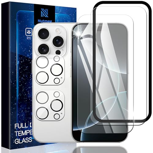 Nutmeg 対応 iPhone 16 Pro 用の ガラスフィルム(2枚)+iPhone 16 Pro 用の カメラフィルム(2枚)【旭硝子素材製 ガイド枠付き】アイフォン16Pro 用の 保護フィルム 硬度9H 強化ガラス 高透過率 飛散防止 指紋防止