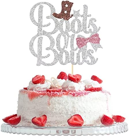 Boots or Bows Cake Topper, Gender Reveal Party Decorations, Baby Boys Or Girls Birthday Party Decors Supplies, He or She/Boys or Girls Theme Cake Topper, Silver