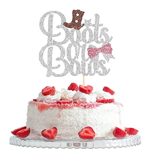 Boots Or Bows Cake Topper, Gender Reveal Party Decorations, Baby Boys Or Girls Birthday Party Decors Supplies, He Or She/Boys Or Girls Theme Cake Topper, Silver #TOP1