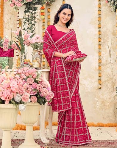 Image of SIRIL Women's Vichitra Silk Foil Bandhani Printed Saree With Unstitched Blouse Piece