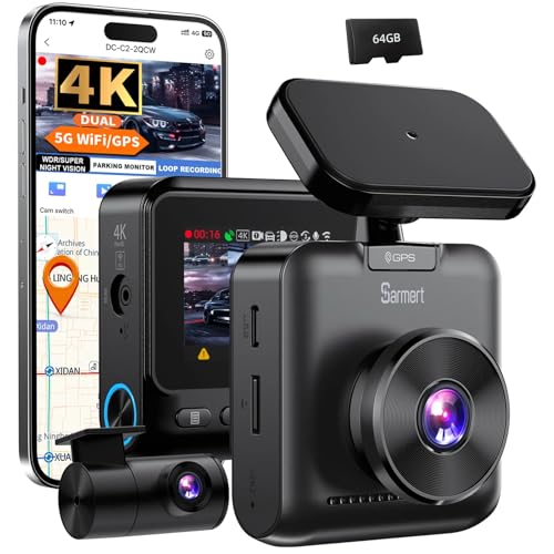 Sarmert C2 4K Dual Dash Cam Front and Rear- Built-in GPS and 5G WiFi, Free 64GB Card Included,2' IPS...