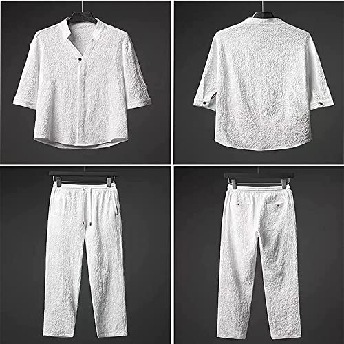 LULAND 2-teiliges Leinen-Set für Herren, Sommer-Strand-Urlaubsanzüge, lässiges Button-Down-Kurzarm-Hemd, Lange, lockere Hosen-Sets (White,5X-Large)