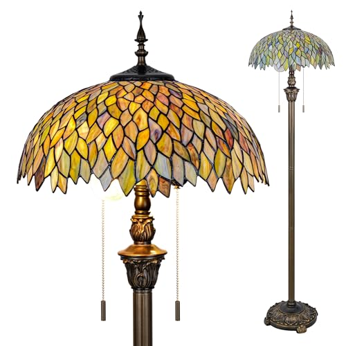 GILGGAK Tiffany Floor Lamp Green Wisteria Style Stained Glass Standing Reading Light 16x16x64 Inch Retro Inspired Pole Corner Lighting Art Decor for Bedroom Living Room Home Office (Green Leaves)