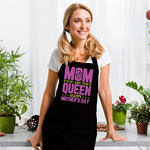 Drawelry Funny Aprons For Mother's Day Gifts: Women Grill Cooking Bake Waterproof Apron 2 Pocket Adjustable Neck Strap (Mom Queen) #TOP2