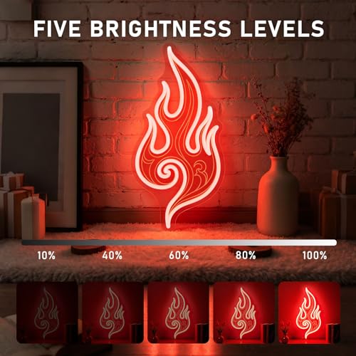 Image of Flame Neon Sign, Red LED Wall Decor, Dimmable USB Powered Flame Neon Light for Bedroom, Game Room, Man Cave, Bar, Party Decor, Unique Gift for Gamer, Friend
