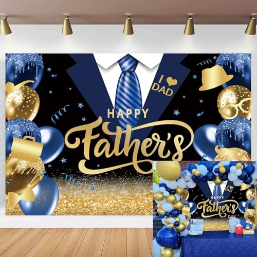 Toile fête des pères bleu et or pour un photocall familial inoubliable avec ballons imprimés
