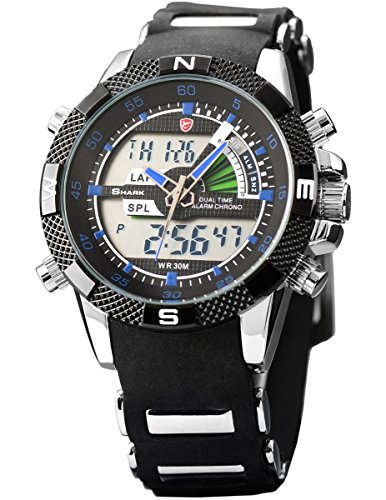 Porbeagle Shark Men's Army Sport Wrist Watch Dual Time LCD Alarm Chronograph SH044