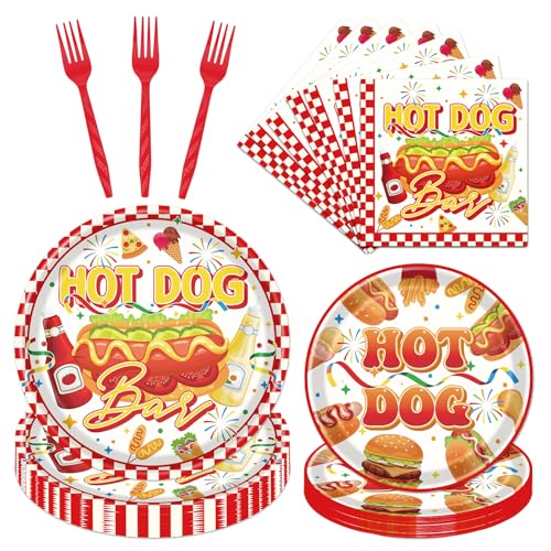 musaeva Hot Dog Party Decorations - 96 Pcs Hot Dog Birthday Plates Napkins Forks Tableware Set, Fast Food Hotdog Dinnerware Set for Adults Kids Picnic Sausage BBQ Serves 24