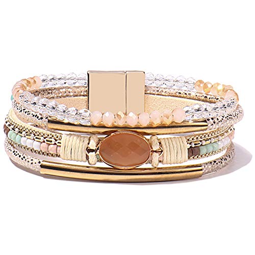 FANCY SHINY Leather Wrap Bracelets Crystal Beads Bracelet Boho Cuff Stone Charm Bracelets with Magnetic Clasp Costume Jewelry for Women(Beige)