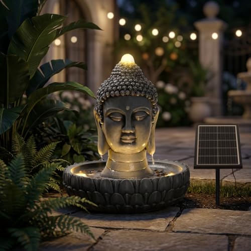 Warm Garden Solar Powered Buddha Statue Water Fountain Outdoor Zen Waterfall Fountain with LED Lights Peaceful Relaxing Water Feature Landscape Decor for Garden Patio Yard