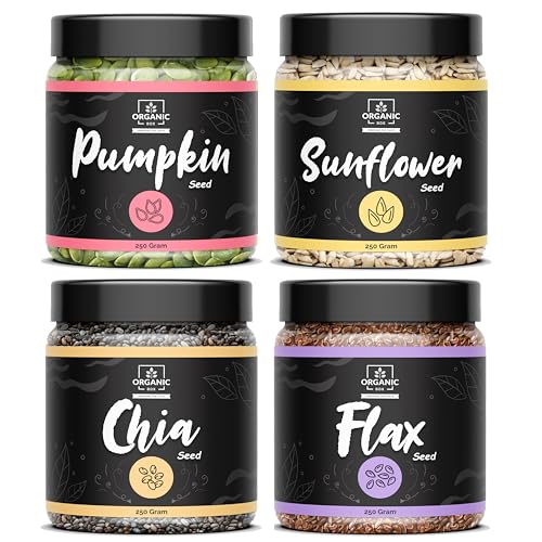 Image of Organic Box Raw Super Seeds Combo 1 KG - Pumpkin, Sunflower, Chia & Flax Seeds (250 g Each) - 100% Raw • High‑Protein • Weight‑Loss • Healthy Gift Pack