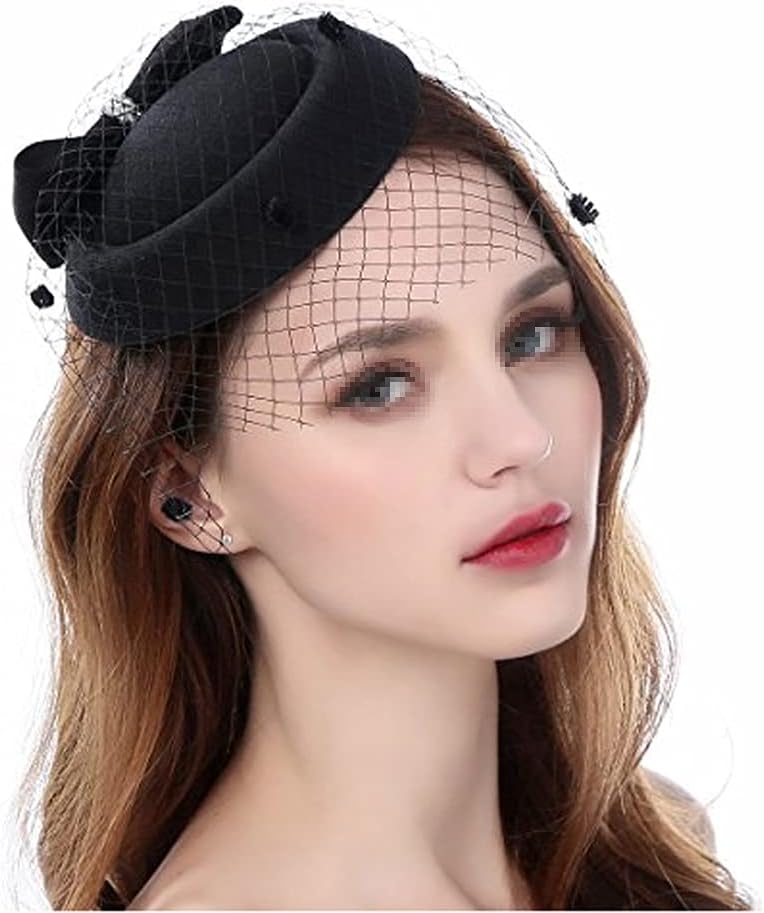 Women's Fascinator Hat Pillbox Hat Bowknot for Wedding Tea Party Hats Headband Headwear with Side Hair Clip and Mesh Veil (Black)