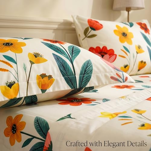 Image of BSB HOME 240 TC Cotton Bedsheet with 2 Pillow Covers, Soft Breathable Floral King Size Flat Bed Sheet - 90 x 100 Inches (228 x 254 cm) (Warm Alabaster)
