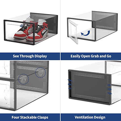 Amassage 12 Pack Shoe Boxes Clear Plastic Stackable, Shoe Storage Boxes, Shoe Organizer For Closet, Space-Saving Shoe Containers Bins (Black) #TOP3