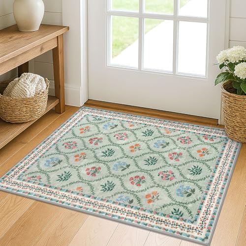 KILOCOCO 2x3 Small Area Rug, Moroccan Super Soft Entryway Rugs Indoor Vintage Washable Rug Non-Slip Indoor Door Mat, Accent Print Faux Wool Throw Rug for Laundry Kitchen Bedroom Entrance, Green