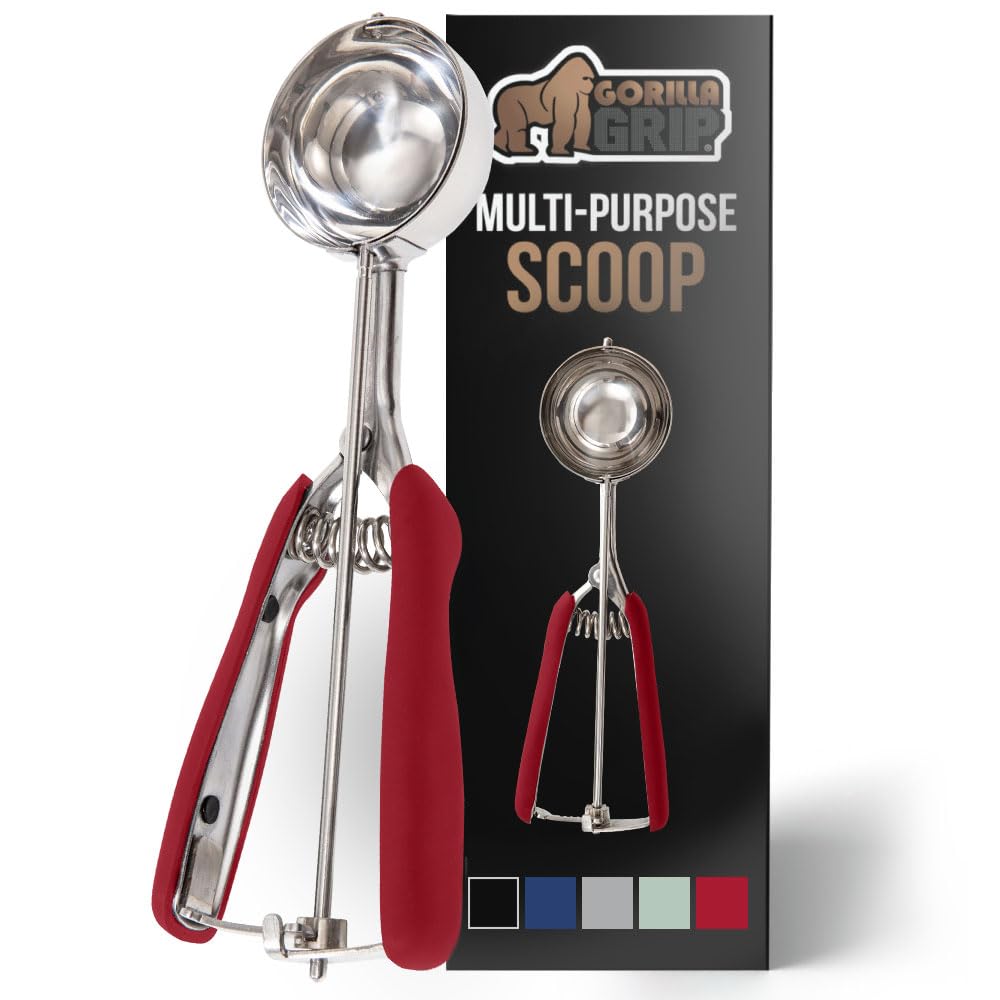 Gorilla GripStainless Steel Multipurpose BPA-Free Spring Scoop, 3 TBSP, for Melon, Cookie Dough, Ice Cream Scoops, Perfect Portion Sizes, Easy Squeeze and Clean Release, Scooper Size 24, Red
