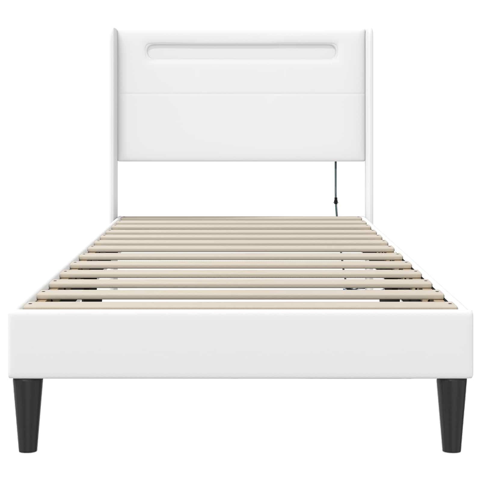 Marco de cama blanco con tiras de luz LED de 90 x 190 cm, piel sintética, marco de madera moderna con tiras LED ajustables Fuente de alimentación USB, diseño estable, para cama individual