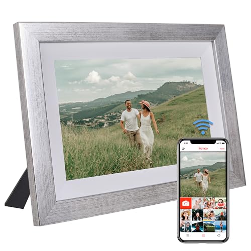 Marco de Fotos Digital WiFi Moldura Digital en Madera Natural 32GB Digital Photo Frame Pantalla Táctil IPS 10.1” Rotación Automática Soporte USB/SD Marco Digital Comparte Fotos con Frameo (Plata)