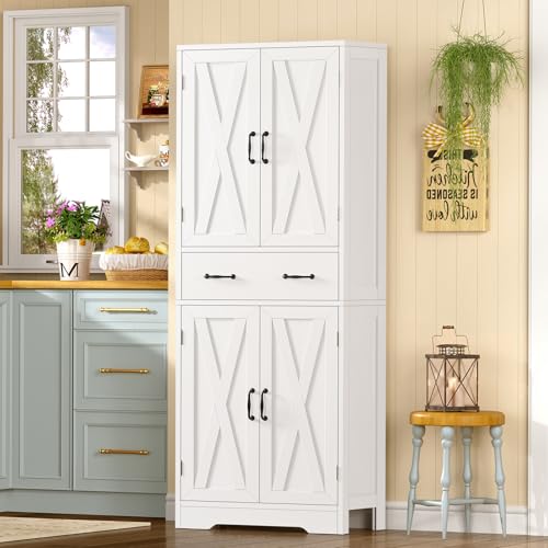 Image of TEENFON Tall Storage Cabinet with 2 Adjustable Shelves & 1 Large Drawer, Kitchen Pantry Cabinet with 4 Doors, Bathroom Storage Cabinets, for Living Room, Kitchen, Bathroom, White