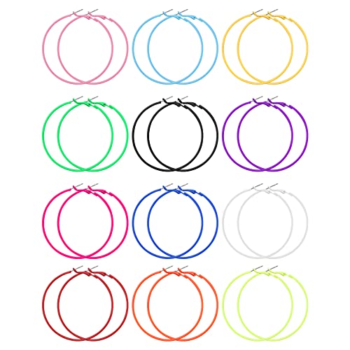 12 Paires Boucles D'Oreilles Créoles Fluo Néon pour Femmes Vintage Grandes Lumineuses Légères Classiques des Années 80 Grandes Boucles d'Oreilles pour Fête des Années 80 Fête Déguisement Vintage