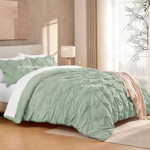 Image of Andency Twin Pinch Pleat Comforter Set (66 inchx90 inch),3 Piece Lightweight Pintuck Bedding Comforters & Sets, Fluffy Down Alternative Comforter with 2 Pillow Shams for All Season,Sage Green