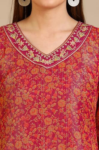 Image of Aurelia Women's Purple Floral Printed Georgette Lurex Straight Kurta