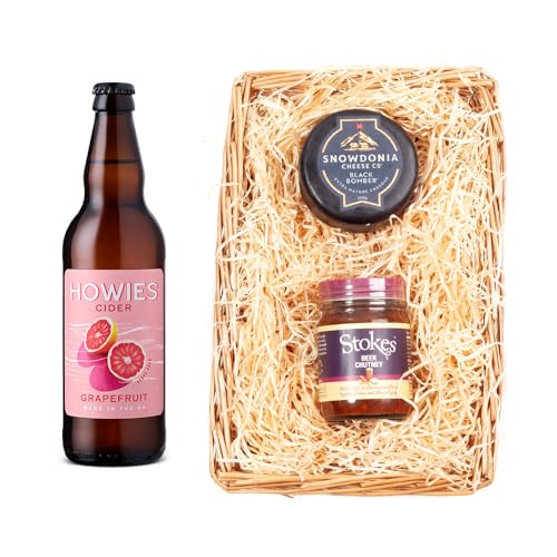 Howies Cider Wicker Tray | Grapefruit Cider 3.4% 500Ml | Snowdonia Black Bomber Cheese 200G | Stokes Beer Chutney