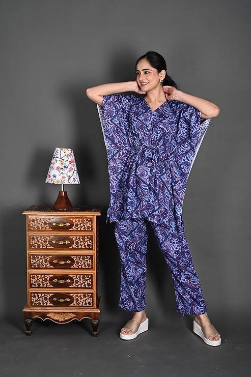 Image of Vlazom Women's 100% Cotton Printed Kaftan & Pyjama Set - Combo Pack of 2 | Free Size Nightwear with Pocket | Soft Cotton Loungewear Co-ord for Women