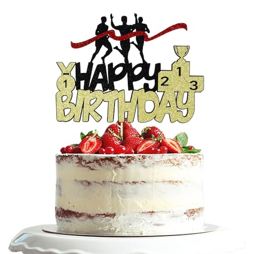 Dxsdgetue Decoración para tarta de cumpleaños de maratón deportivo de color negro y dorado – Maratón corriendo fiesta de cumpleaños suministros – Decoración para tartas de fiesta de campo traviesa