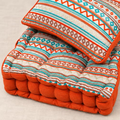 Image of Woven Quilted Floor Cushion Set 50x50x10 CM with Fillers & Back Cushion, Large Size for Seating, Patio Seat, Meditation, Yoga, Pooja, Guests, Living Orange Boho 20x20x4 Inch