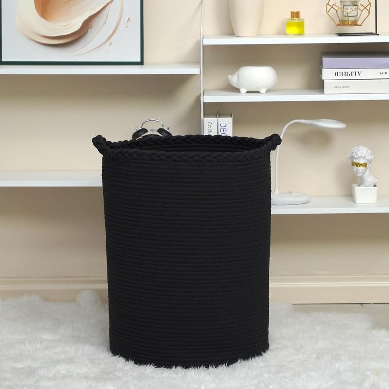Image of Storage Rope Laundry Hamper Basket for Clothes, Towels and Blankets in Livingroom, Bedroom, Laundry Room and Basket for Nursery Storage (Size - 15 inch x 15 inch x 18 inch) (Black Zig Zag)