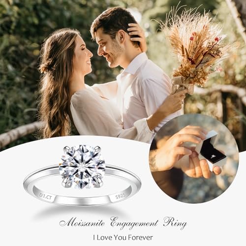1 CT 2CT Moissanite Enagaement Ring for Women, White Gold Plated 925 Sterling Silver Moissanite Rings, Promise Rings Wedding Band Rings for Women Size 5-102