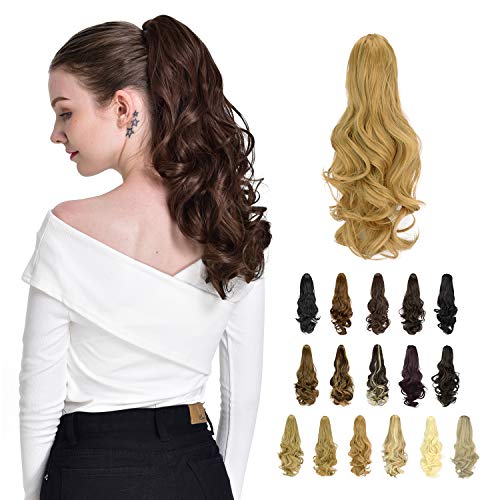 FESHFEN Hair Ponytail Extensions, 19" Claw Clip on Long Hair Piece Pony Tail Wavy Synthetic Natural Looking Hairpieces for Women