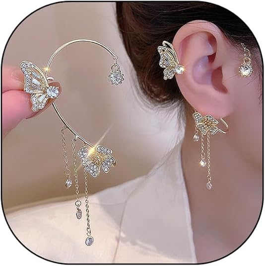 Sparkly Butterfly Rhinestone Tassel Ear Cuff Earrings for