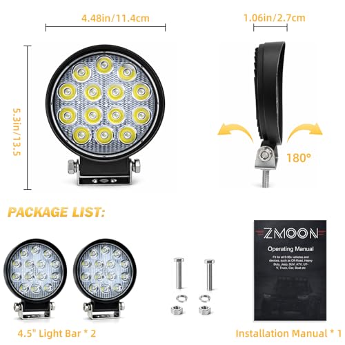 Image of Zmoon 4.5'' 84W Round LED Offroad Flood Lights, Waterproof 12V /24V Round LED Light Bar for Truck Tractor ATV UTV SUV Motorcycle Off Road Fog Driving Lights 2Pack