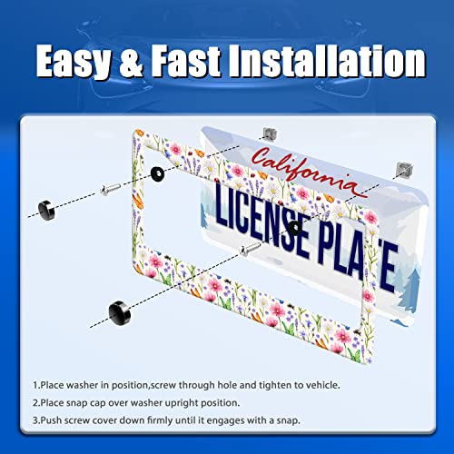 Watercolor Summer Wild Flowers License Plate Frame Insects Floral License Plate Stainless Steel Rust-Proof Auto Parts Colorful License Plate Cover Decorative With Screws Size 12.3" X 6.3" Men Women #TOP2