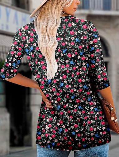KISSMODA Tunic Tops for Women Loose Fit Dressy Round Neck Pleated 3/4 Length Sleeve Spring Tops