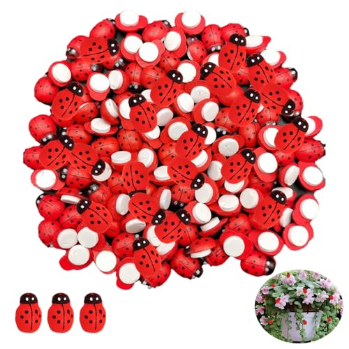 Lot de 200 Mini Coccinelles en Bois Rouges 8x11mm Autocollantes pour Scrapbooking et Décoration de Jardin, Petites Figurines Adhésives pour Loisirs...