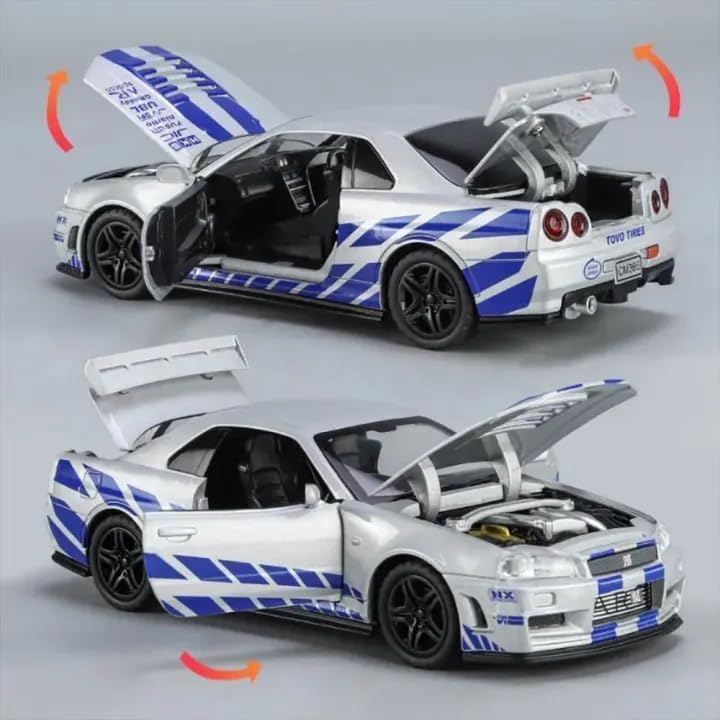 Image of WORSHIPER 1:32 Nissan GTR Skyline Toy Car Diecast Metal Pullback Toy car with Openable 4Doors, Light Music Best Gift for Little Kids