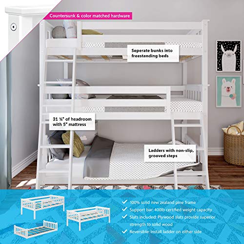 Image of Max & Lily Triple Twin Bunk Bed, Solid Wood Bed Frame For Kids, No Box Spring Needed, Easy Assembly, White